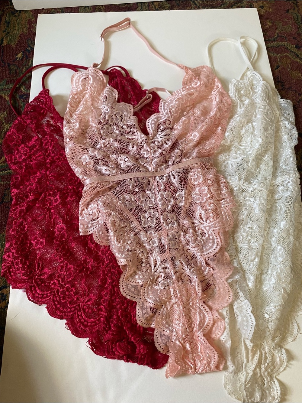 3 Piece Lace Teddy Bodysuit Lingerie Set Size M Red Pink White